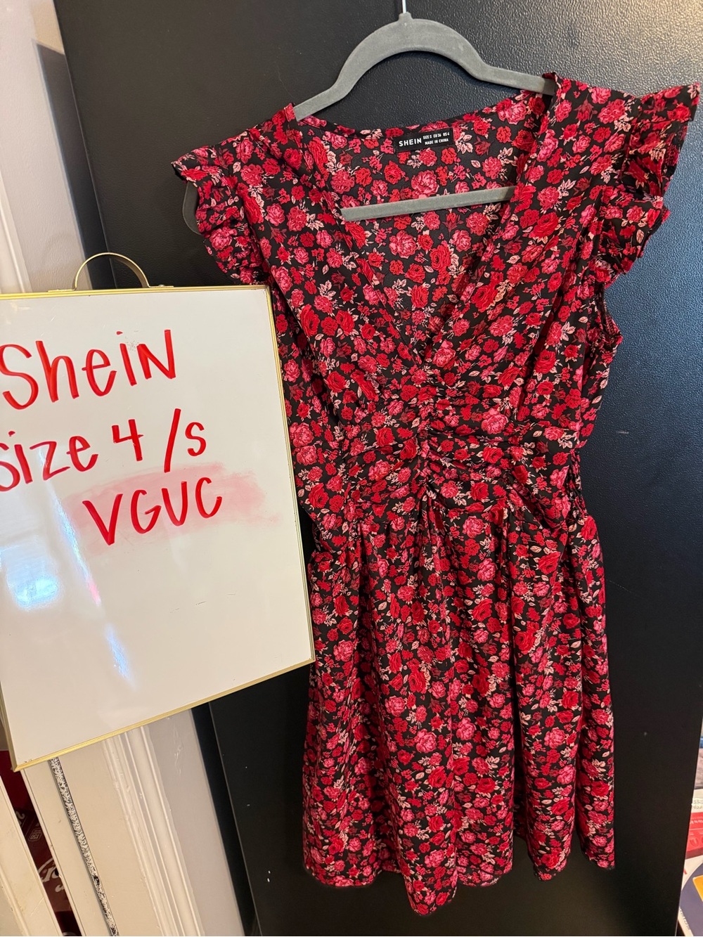 SHEIN Black & Red Floral Mini Dress with Ruffle Sleeves